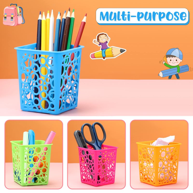 Chinco 12 Pcs Desk Pencil Holder Desktop Plastic Pencil Cups for Desk Hollow Square Classroom Pencil Baskets Office Storage Organizer for Kids Makeup Cosmetic Cup for Home Classroom Drawer in 4 Bright Colors - Image 3